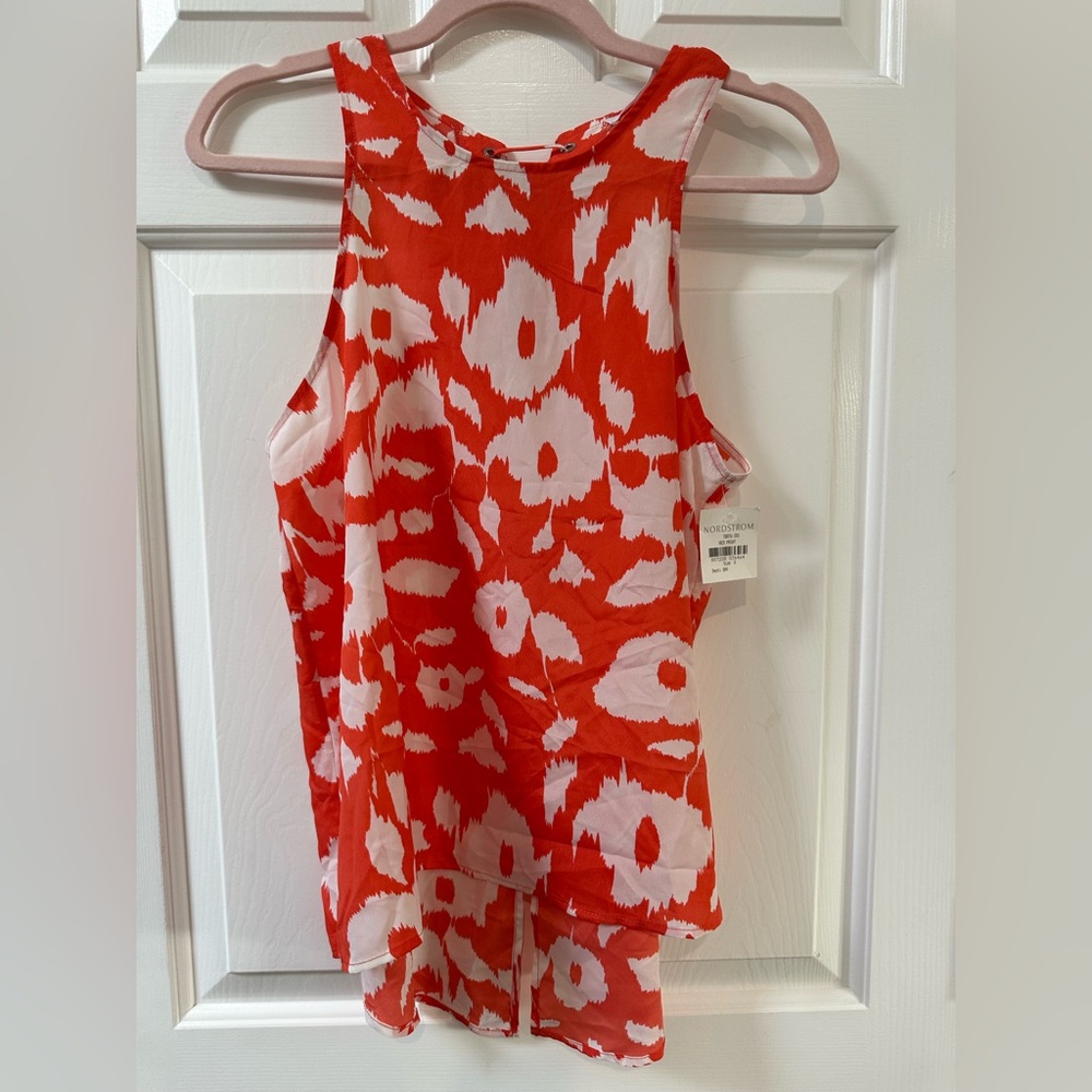 Lush Orange/Red and White Floral Tank Top With Lace Up Back